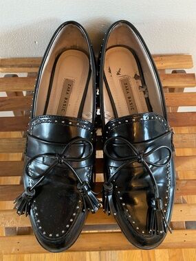 Zara Black Patent Leather Tassel Loafers with Stud Trim